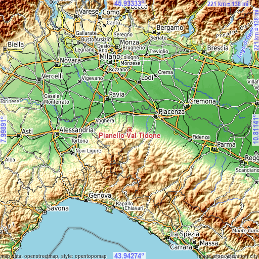 Topographic map of Pianello Val Tidone