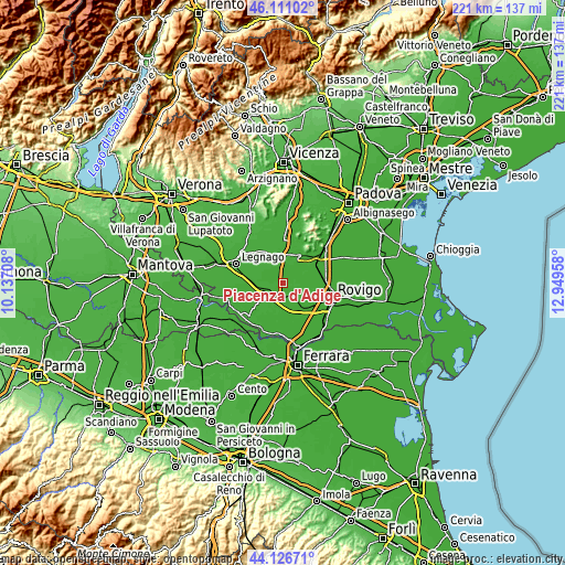 Topographic map of Piacenza d'Adige