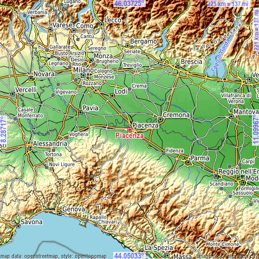 Topographic map of Piacenza