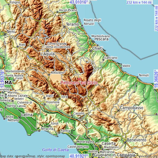 Topographic map of Pettorano sul Gizio