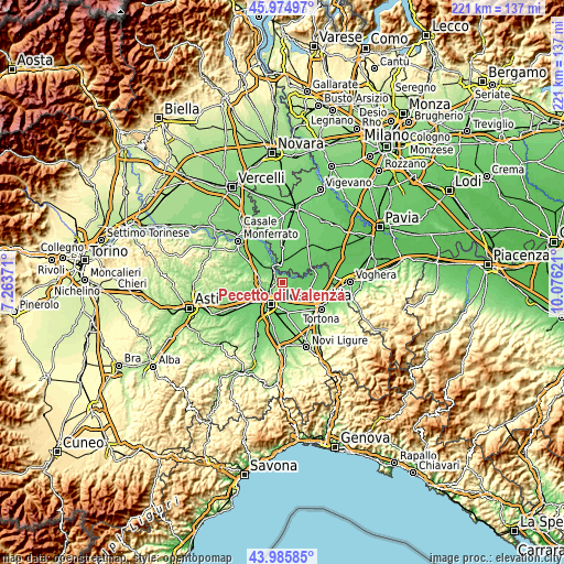Topographic map of Pecetto di Valenza