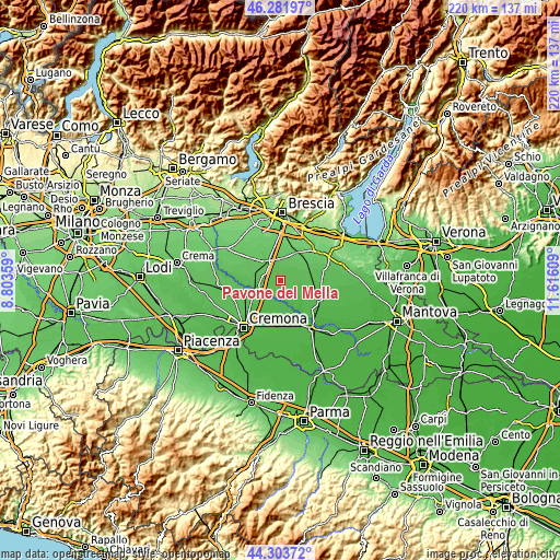 Topographic map of Pavone del Mella