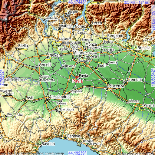 Topographic map of Pavia