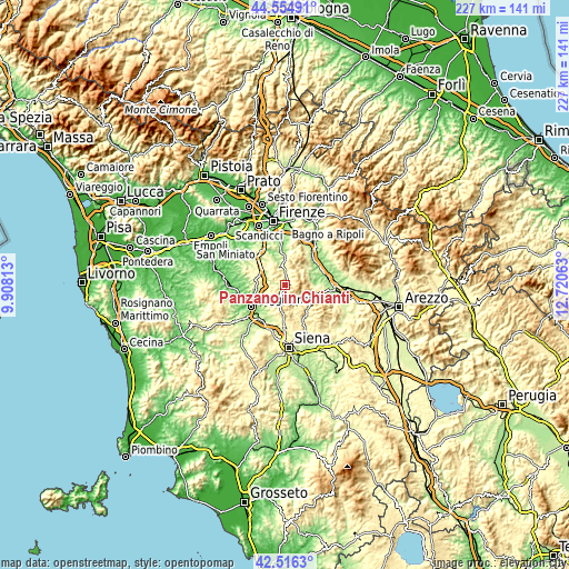 Topographic map of Panzano in Chianti