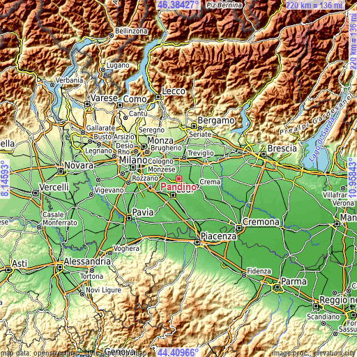 Topographic map of Pandino