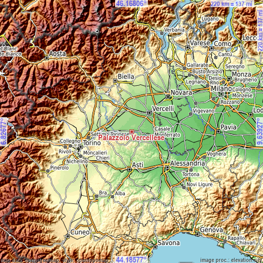 Topographic map of Palazzolo Vercellese