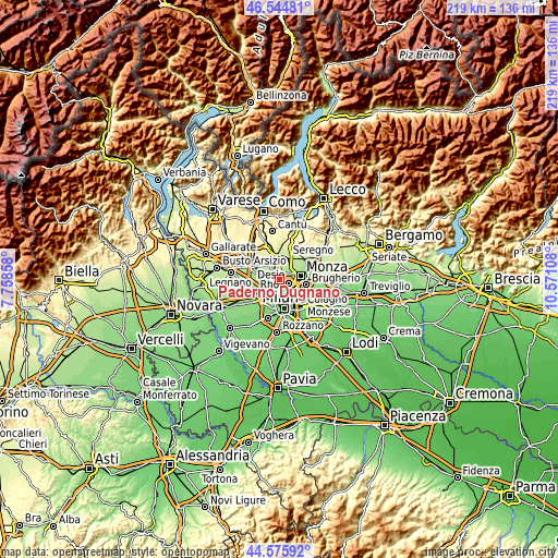 Topographic map of Paderno Dugnano