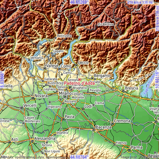 Topographic map of Paderno d'Adda