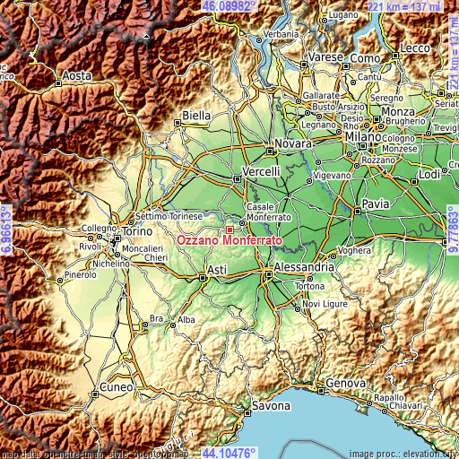 Topographic map of Ozzano Monferrato