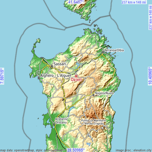 Topographic map of Ozieri