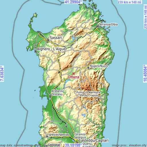 Topographic map of Ottana