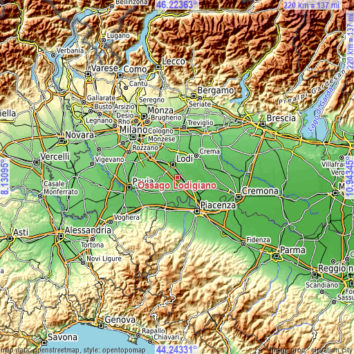 Topographic map of Ossago Lodigiano