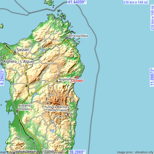 Topographic map of Orosei