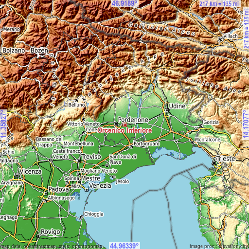 Topographic map of Orcenico Inferiore