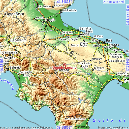 Topographic map of Oppido Lucano