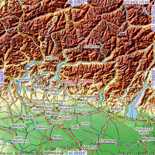 Topographic map of Olmo al Brembo