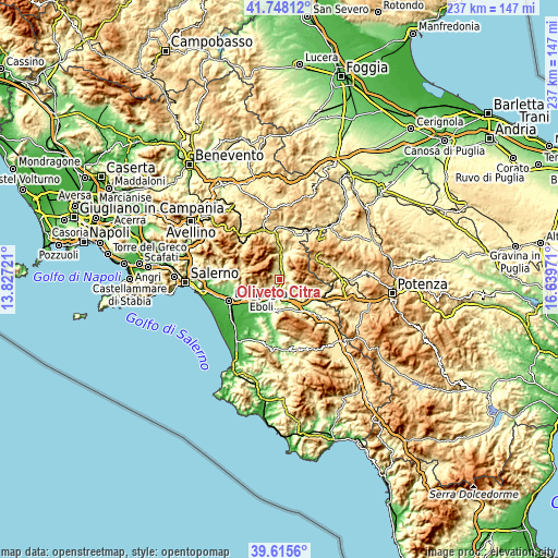 Topographic map of Oliveto Citra