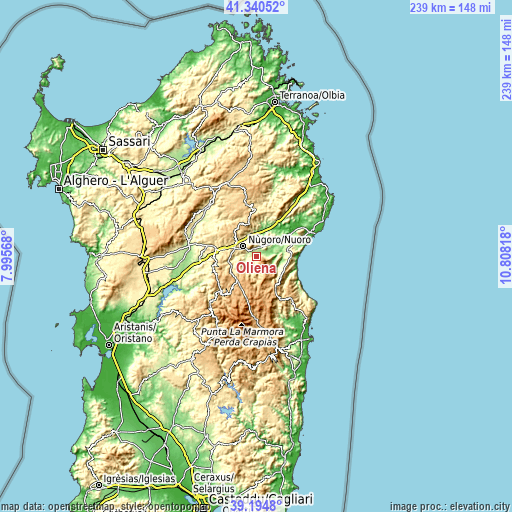 Topographic map of Oliena