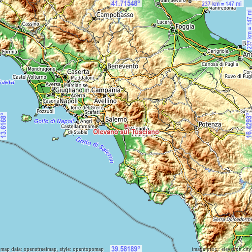 Topographic map of Olevano sul Tusciano