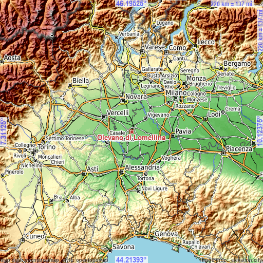 Topographic map of Olevano di Lomellina