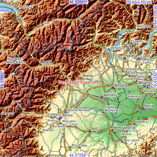 Topographic map of Occhieppo Superiore