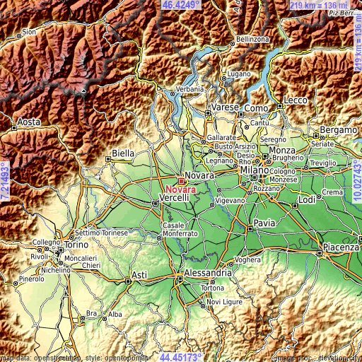 Topographic map of Novara