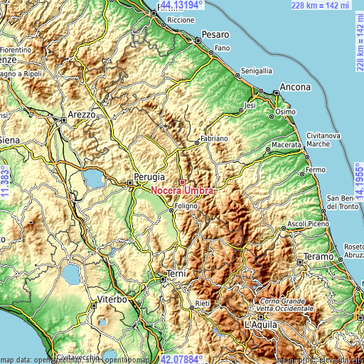 Topographic map of Nocera Umbra