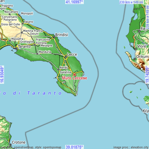 Topographic map of Muro Leccese