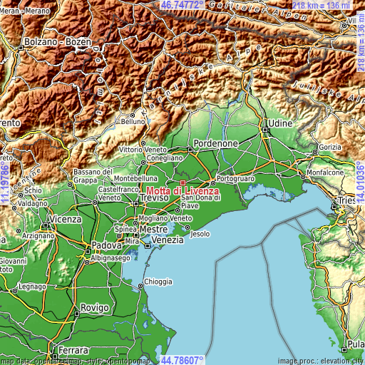 Topographic map of Motta di Livenza