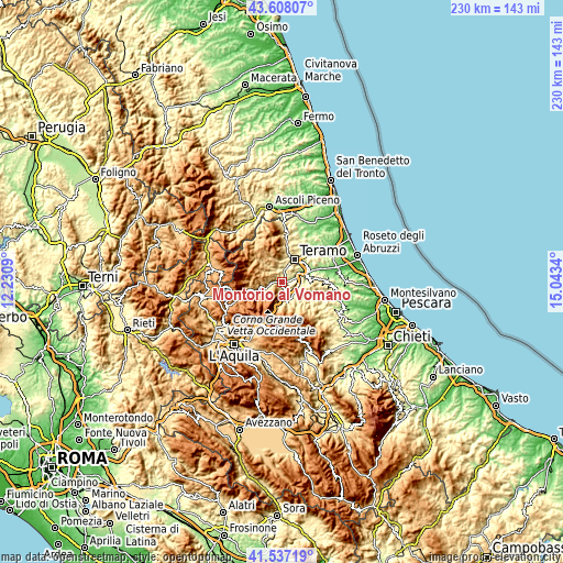 Topographic map of Montorio al Vomano