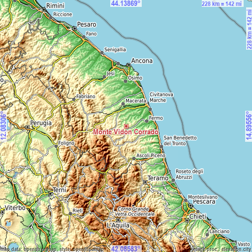 Topographic map of Monte Vidon Corrado