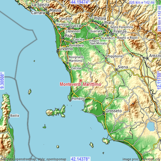 Topographic map of Monteverdi Marittimo