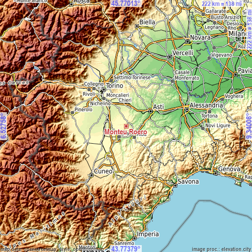 Topographic map of Monteu Roero