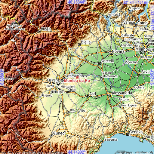 Topographic map of Monteu da Po