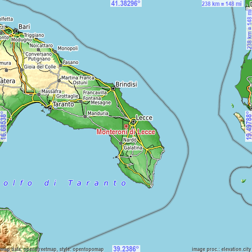 Topographic map of Monteroni di Lecce