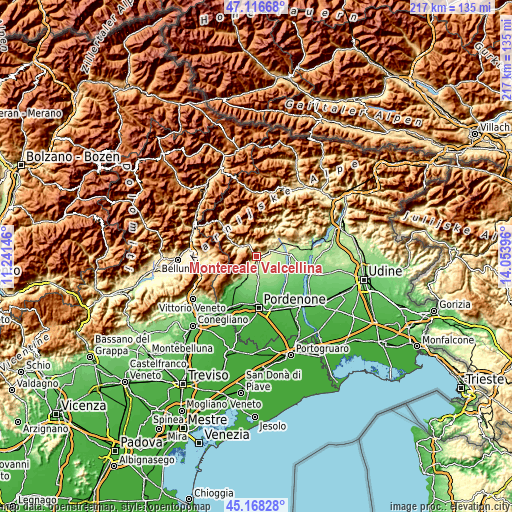 Topographic map of Montereale Valcellina