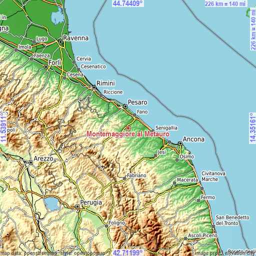 Topographic map of Montemaggiore al Metauro