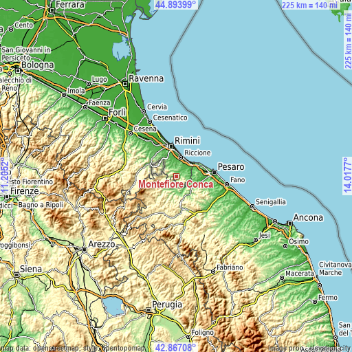 Topographic map of Montefiore Conca