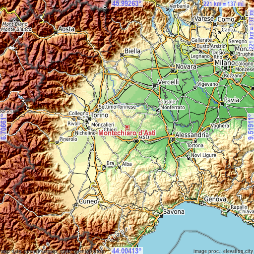 Topographic map of Montechiaro d'Asti