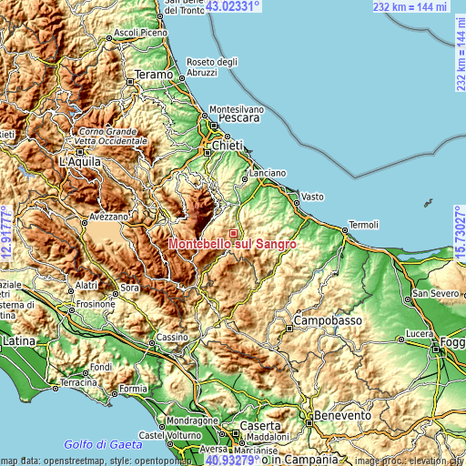 Topographic map of Montebello sul Sangro