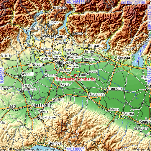 Topographic map of Montanaso Lombardo