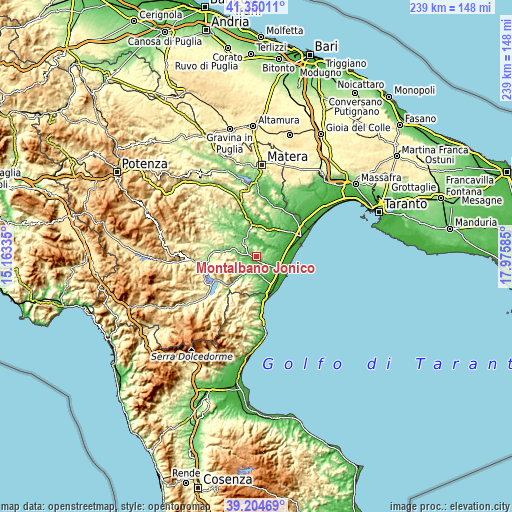 Topographic map of Montalbano Jonico