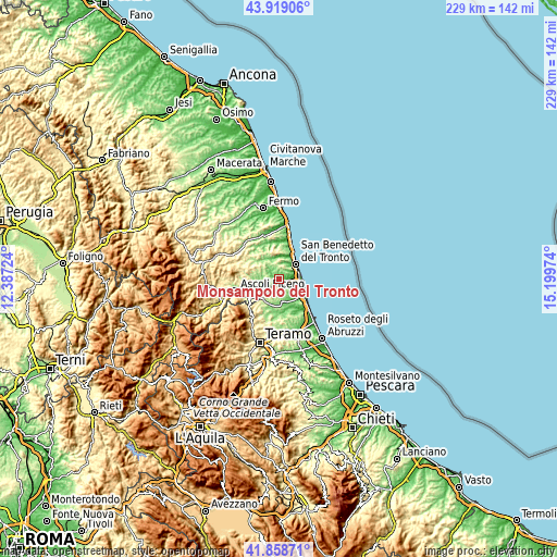 Topographic map of Monsampolo del Tronto