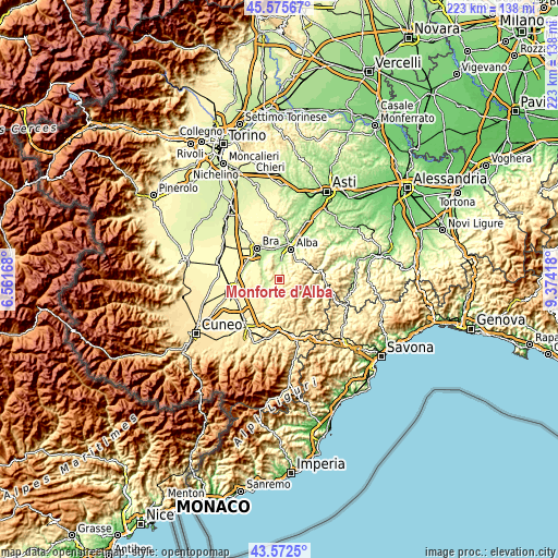 Topographic map of Monforte d'Alba