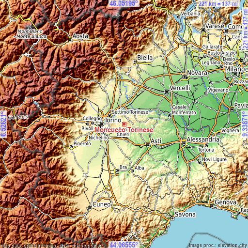 Topographic map of Moncucco Torinese