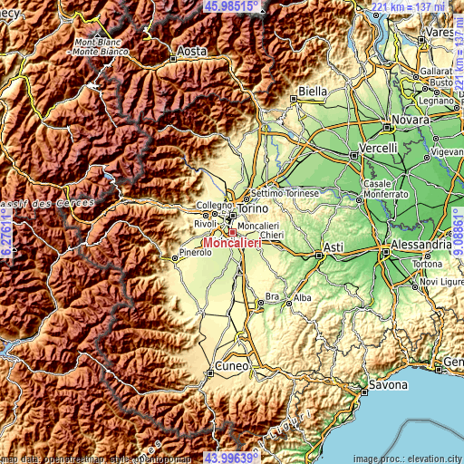 Topographic map of Moncalieri