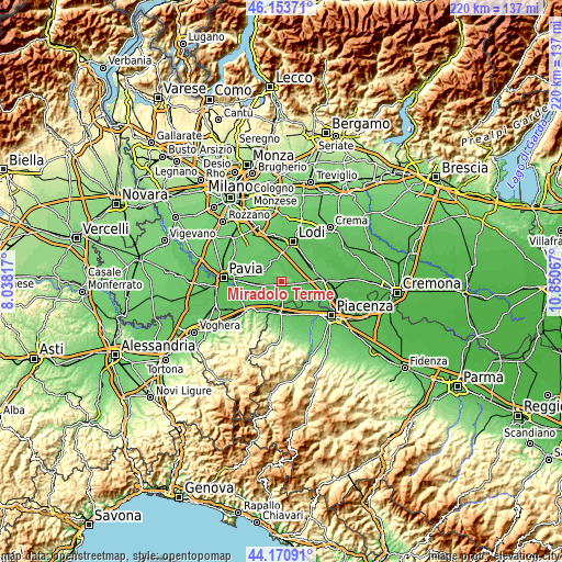 Topographic map of Miradolo Terme