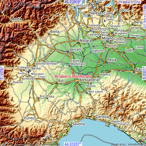 Topographic map of Mirabello Monferrato