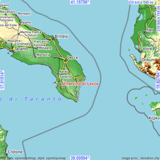 Topographic map of Minervino di Lecce