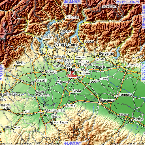 Topographic map of Milan